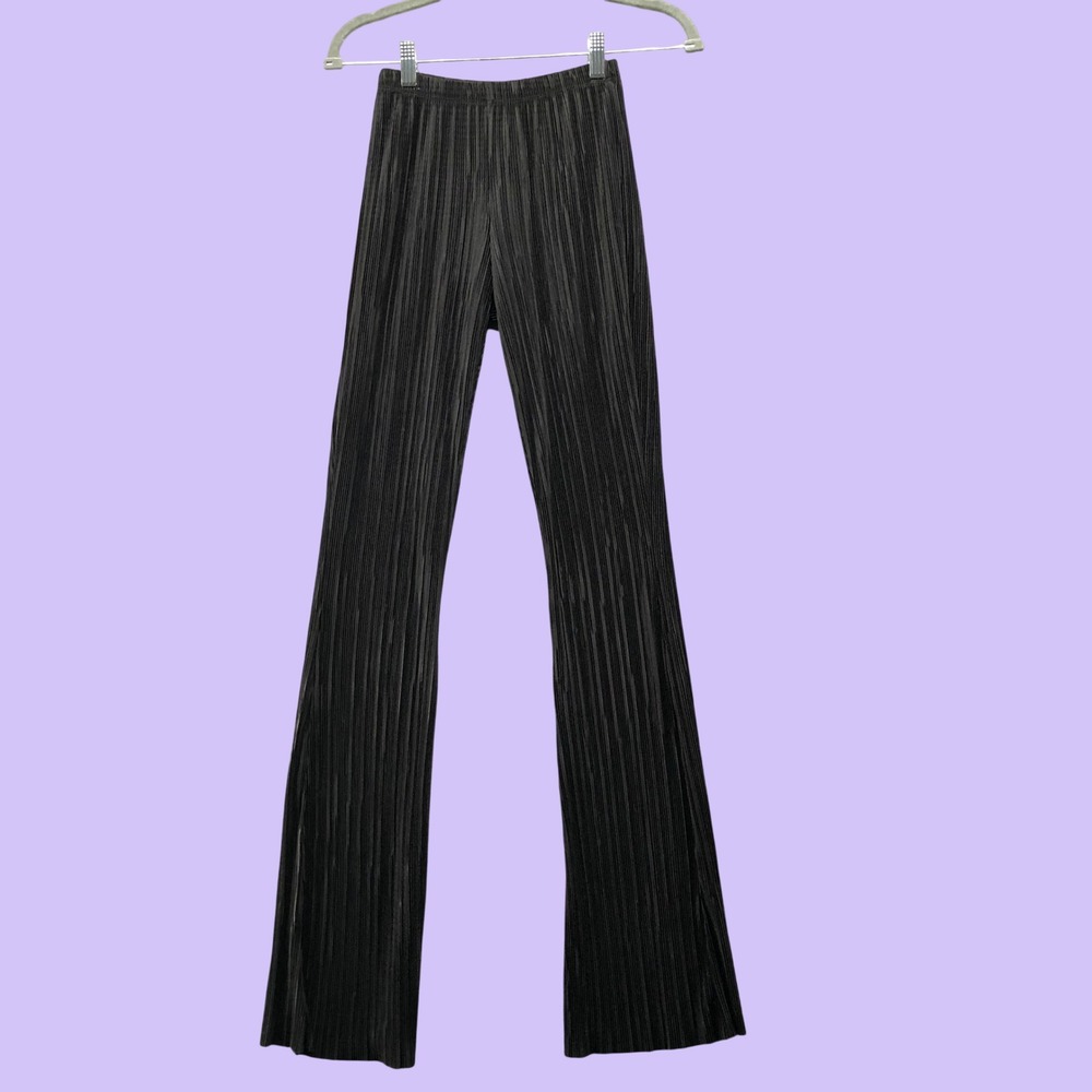 Vintage Y2K Black Plissé Micro Pleated Flare Pants Elastic Waist Womens S XS